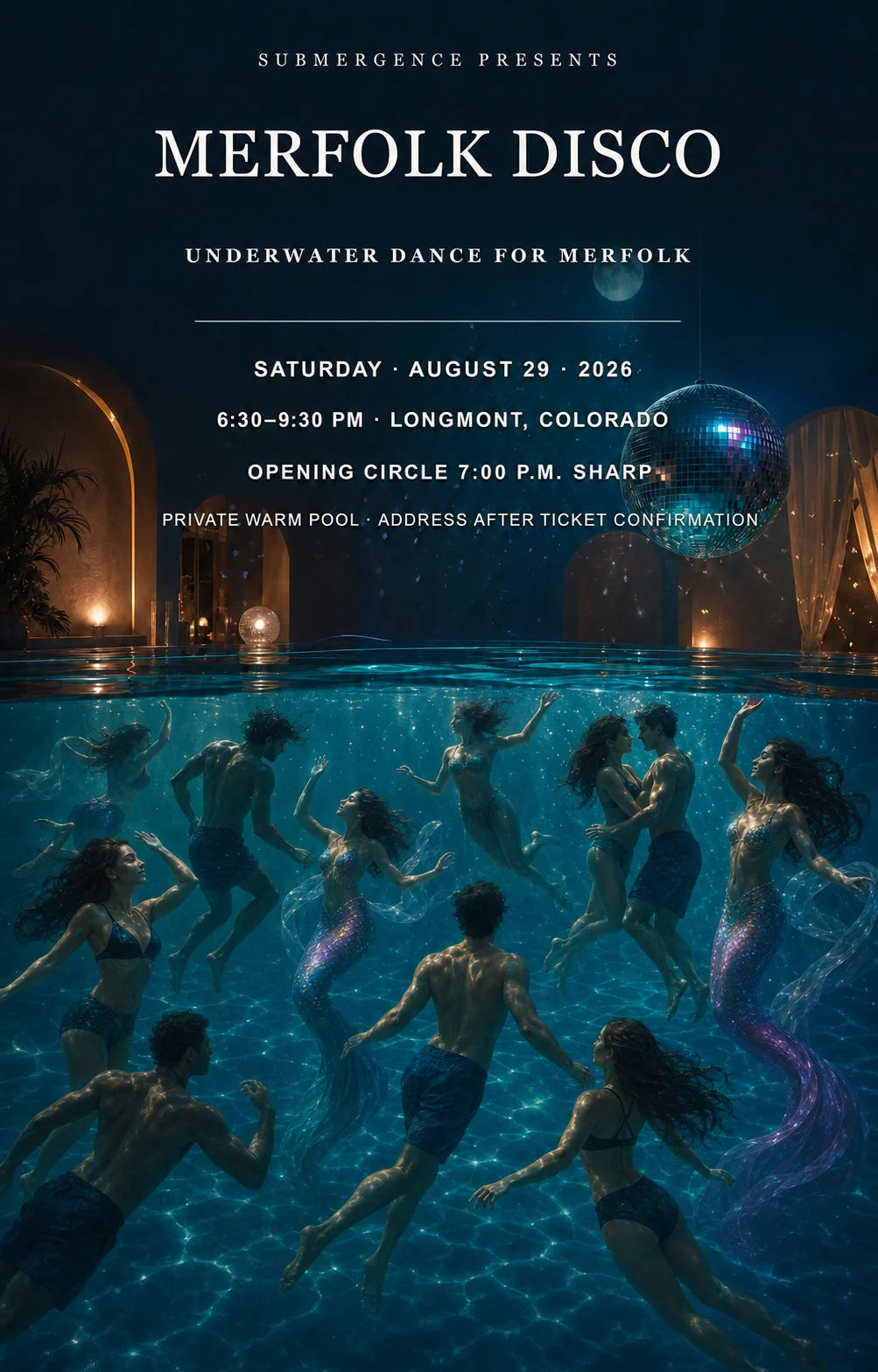 MerFolk Disco flyer artwork showing swimmers and a few merfolk dancing beneath warm pool water with a glowing disco ball
