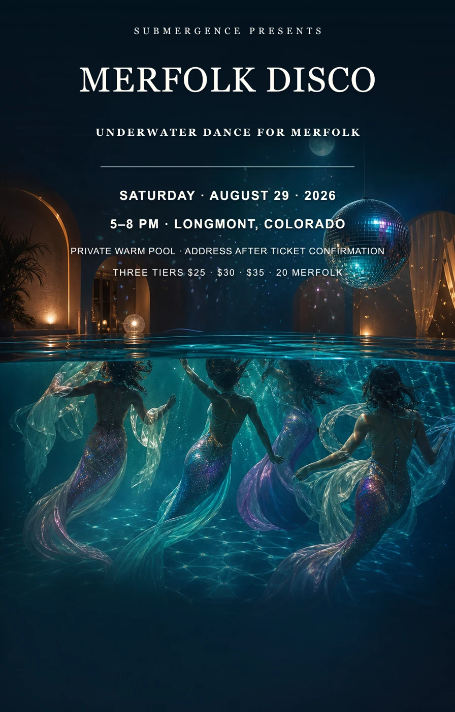 MerFolk Disco flyer artwork showing merfolk dancing beneath warm pool water with a glowing disco ball