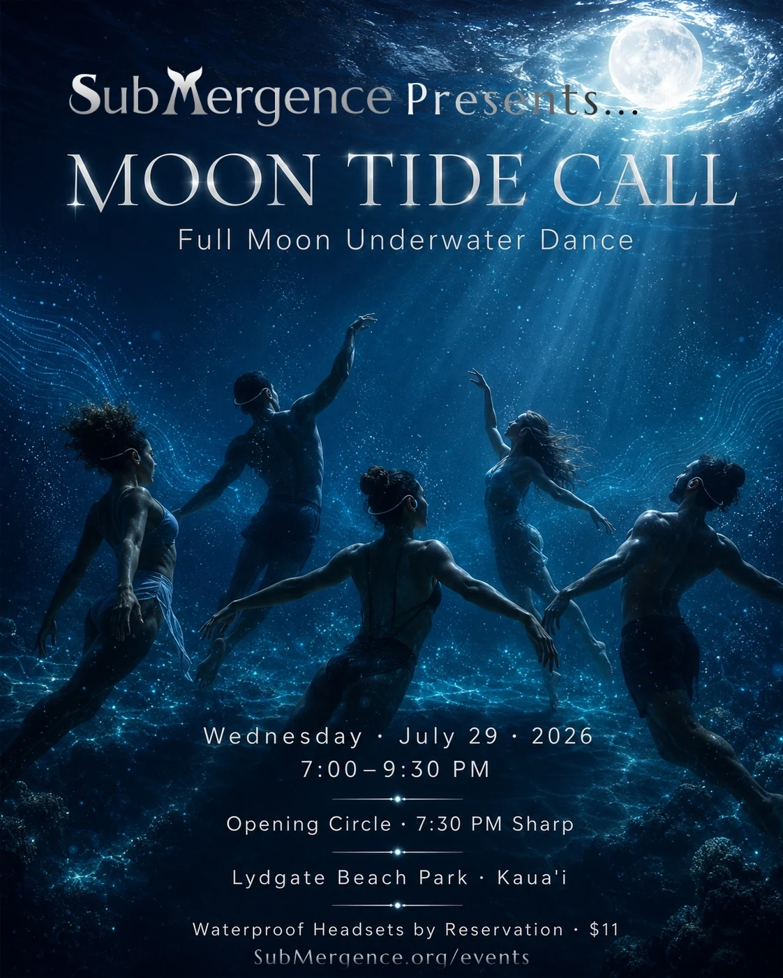 Moon Tide Call flyer showing dancers floating underwater beneath a full moon