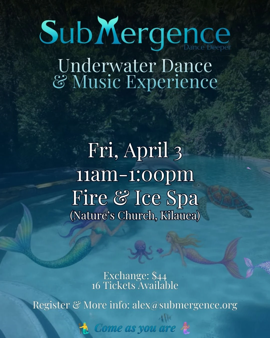 Underwater Dance & Music Experience flyer showing a tropical pool filled with illustrated merfolk, a turtle, fish, and an octopus