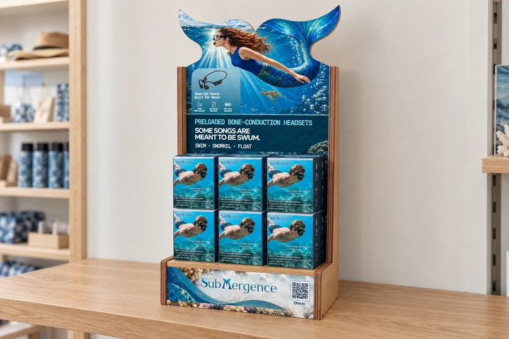 SubMergence retail display graphic with a mermaid-shaped backboard, six headset boxes, and branded wooden counter stand