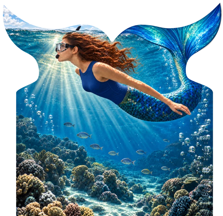The Great Mermaid, a SubMergence illustration of a blue-tailed mermaid swimming above a coral reef