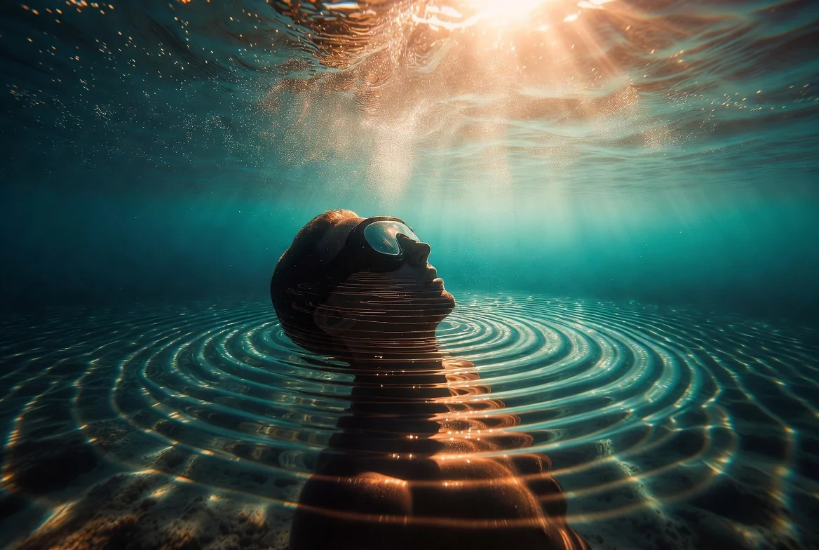 A quiet underwater listening moment with sunlight and ripples
