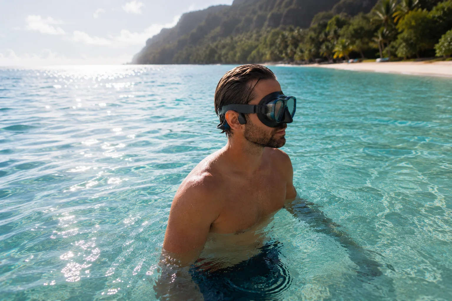 A swimmer in clear Hawaiian shallows wearing a SubMergence headset before snorkeling