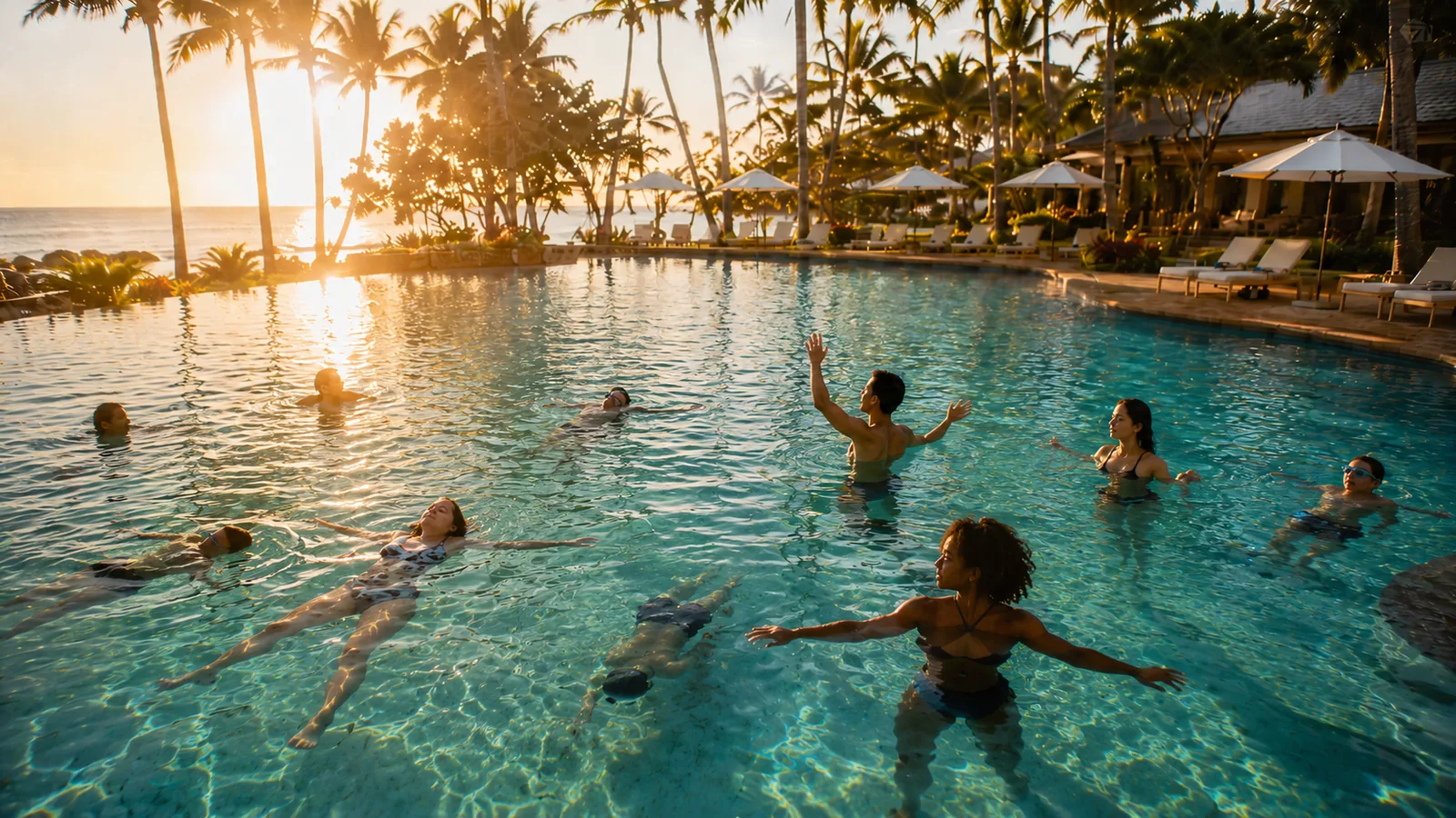 Resort guests floating and relaxing together in a sunlit pool at golden hour, palm trees and the ocean behind them