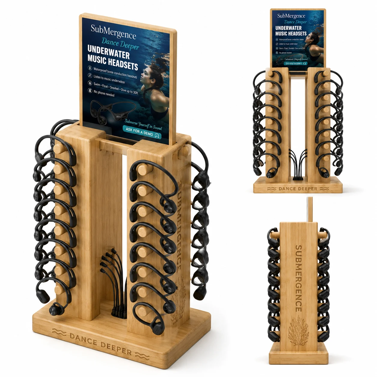 A wooden SubMergence counter stand holding prepared waterproof headsets